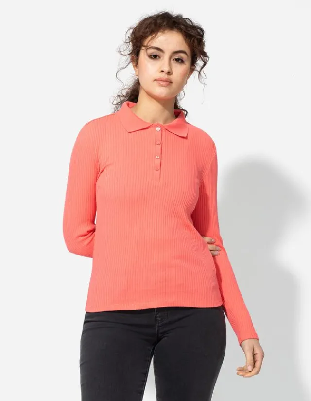 Sale Poloshirt - Rippenstruktur - Damen Langarmshirts