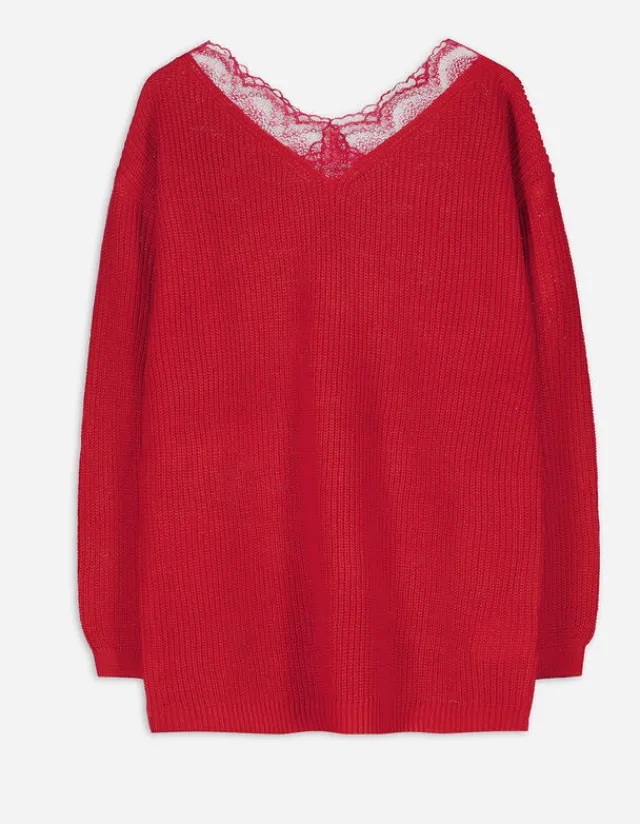 New Strickpullover - Spitzenbesatz - Damen Pullover