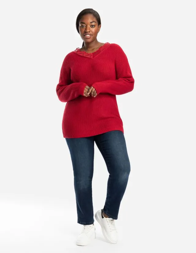New Strickpullover - Spitzenbesatz - Damen Pullover