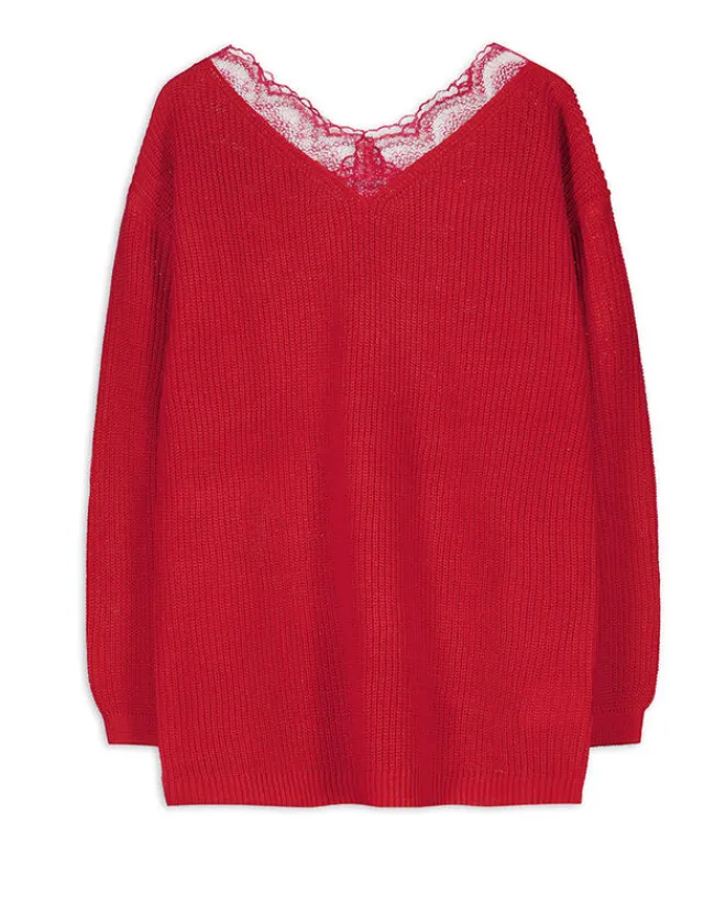 New Strickpullover - Spitzenbesatz - Damen Pullover